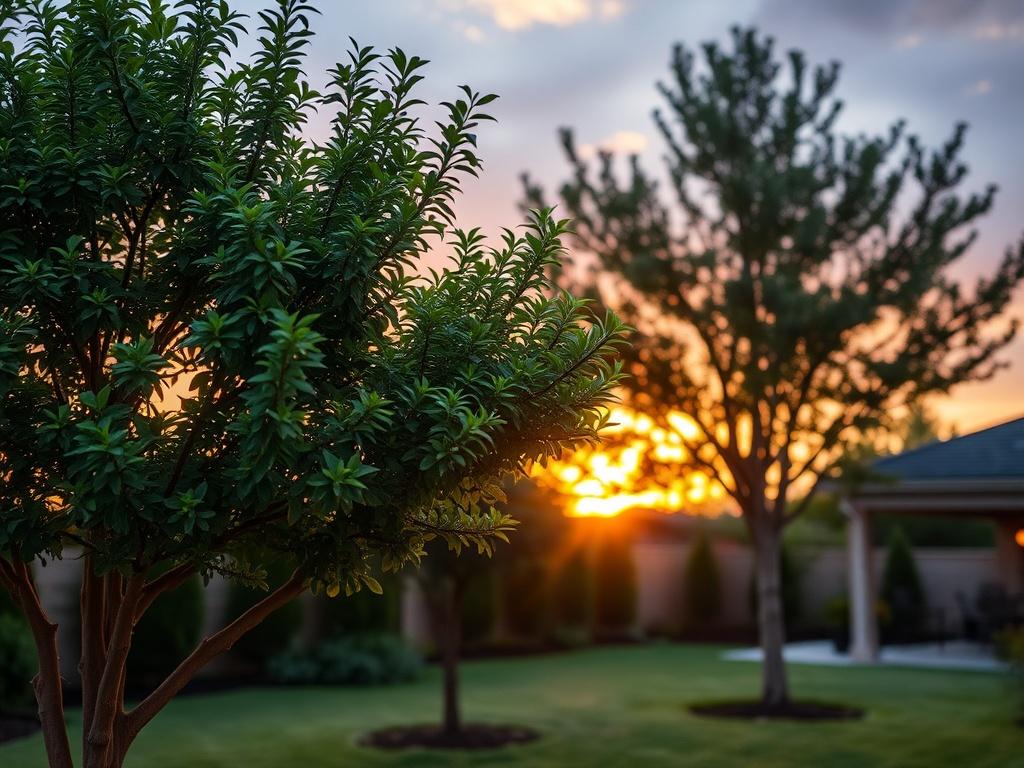 A serene backyard with well-trimmed trees, showcasing lush greenery and a beautiful sunset sky in warm oranges and soft blues. The focus is on the trees, highlighting their healthy branches and leaves, with a clean and inviting outdoor setting in the background.