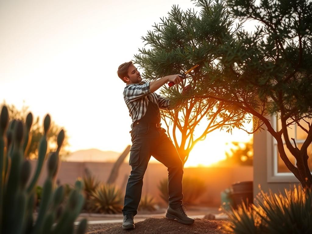 A professional landscaper skillfully trimming a tree in a sunlit backyard, surrounded by lush greenery and desert plants. The background features soft, warm hues of a sunset sky, creating a serene and inviting atmosphere. The focus is on the landscaper and the tree, with a clear and simple composition that highlights the careful work being done.