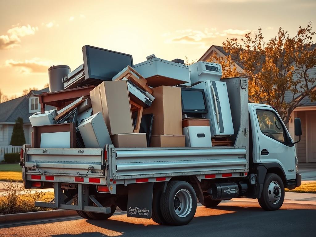A realistic high-resolution photo showcasing a clean, well-organized junk removal truck parked in a residential area. The truck is loaded with various discarded items such as furniture, yard debris, and bulk items like appliances, all neatly stacked. The background features a sunny day with a clear blue sky and a neat, suburban neighborhood, conveying a sense of professionalism and reliability. The overall atmosphere is bright, welcoming, and emphasizes the efficiency of junk removal services.