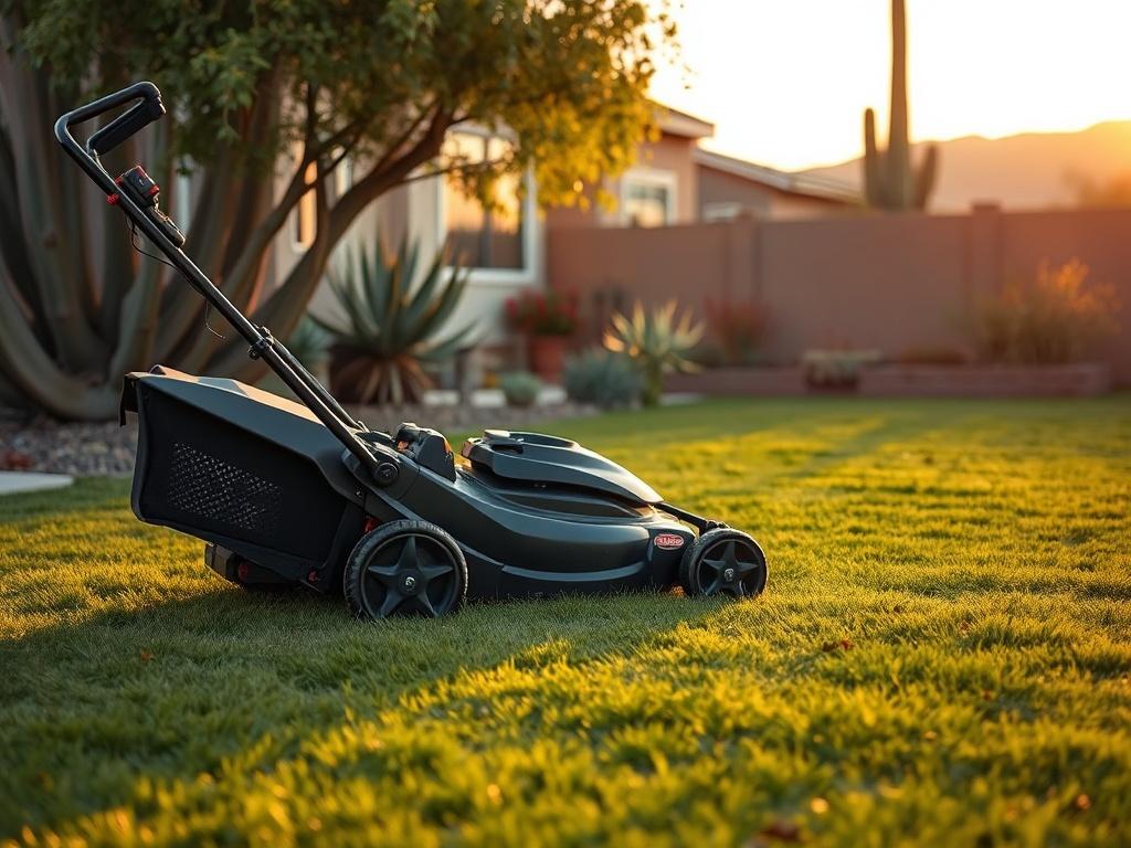 A serene backyard scene showcasing a well-manicured lawn with freshly trimmed grass. The lawn appears lush and vibrant, highlighting the neatness of the mowing. In the foreground, a modern lawn mower is parked, reflecting a warm golden hue from the soft lighting of a sunset. The background features subtle desert elements, such as cacti and soft hills, giving it a cozy Arizona vibe. The overall atmosphere is peaceful and inviting.