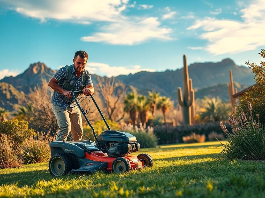 An image of a landscape maintenance professional using a lawn mower in a lush green garden under a clear blue Arizona sky, with soft lighting and desert mountains in the background.