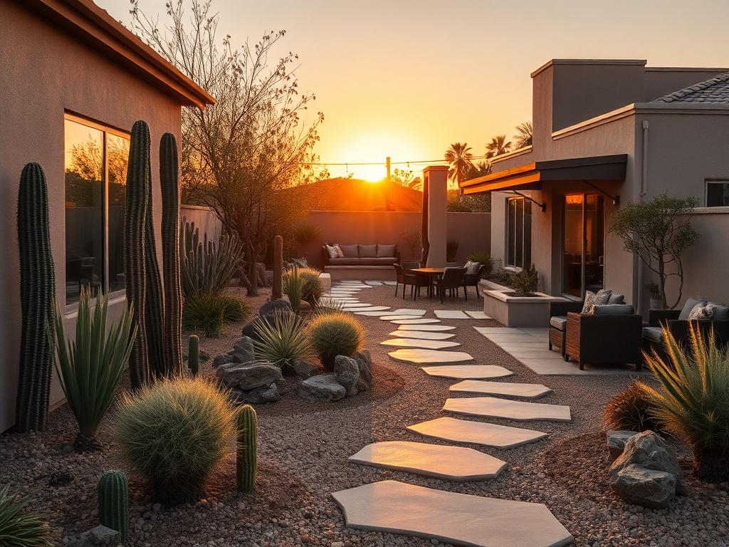 A wide shot of a beautifully landscaped backyard in Phoenix, showcasing a mix of desert plants, smooth pathways, and cozy seating areas, all bathed in warm, golden sunset light.
