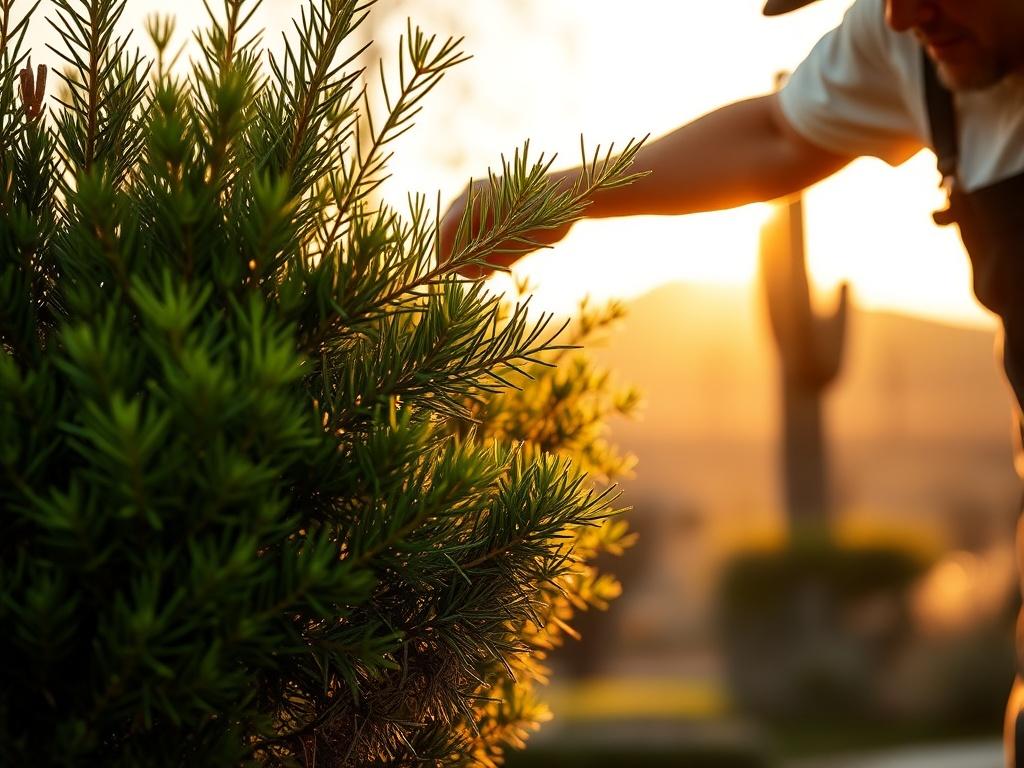 A close-up image of a professional landscaper carefully trimming a lush green tree in a sunny Phoenix yard, with soft golden lighting and a blurred desert backdrop featuring warm sunset colors.