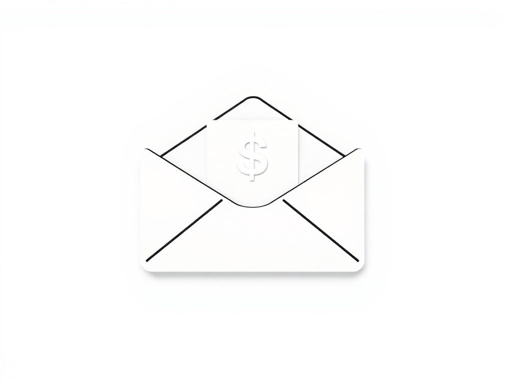 A simple, modern icon representing payroll delivery, showcasing an envelope with a dollar sign, symbolizing secure payroll cheque delivery, against a white backdrop.
