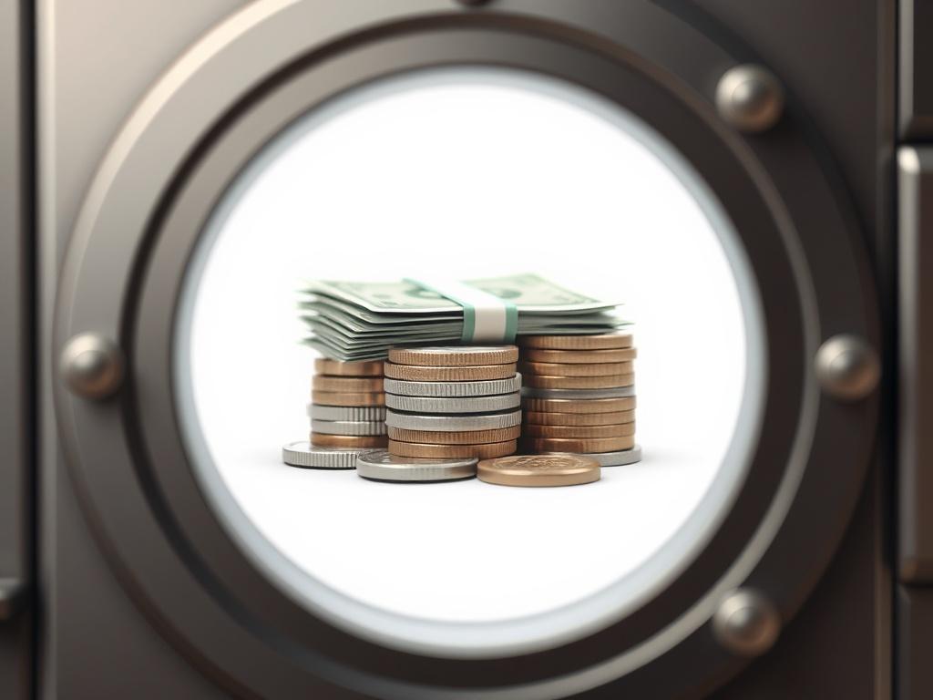 A simple, modern icon representing cash transport, featuring a stack of coins and cash bills within a secure vault image, on a plain white background.