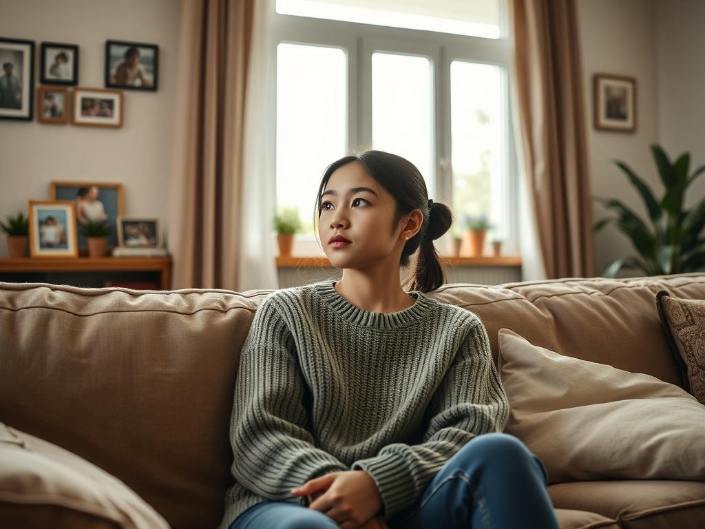 Create a realistic high-resolution image that conveys the theme of "Empowering Youth Through Family Care." The composition should be simple and clear, featuring a single subject: a teenage girl, around 16 years old, sitting on a comfy sofa in a warm, inviting living room. She should have a pensive yet hopeful expression as she gazes out of a large window, where soft natural light streams in, illuminating her face.

The girl should be dressed casually, wearing a cozy sweater, suggesting comfort and safety in