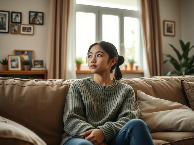 Create a realistic high-resolution image that conveys the theme of "Empowering Youth Through Family Care." The composition should be simple and clear, featuring a single subject: a teenage girl, around 16 years old, sitting on a comfy sofa in a warm, inviting living room. She should have a pensive yet hopeful expression as she gazes out of a large window, where soft natural light streams in, illuminating her face.

The girl should be dressed casually, wearing a cozy sweater, suggesting comfort and safety in her family environment. The sofa should have an earthy tone, perhaps in shades of green or beige, complementing the primary color rgb(50, 170, 39) that represents growth and family nurturing.

The background should include subtle details that enhance the feeling of a home, such as family photos on the walls, a few plants in the corners, and soft pillows scattered around. The overall mood of the image should evoke a sense of warmth, security, and empowerment, emphasizing the importance of a safe family environment for youth.

Avoid any text or abstract shapes in the image; focus solely on this realistic depiction that embodies care, safety, and the empowerment of young individuals through family support.