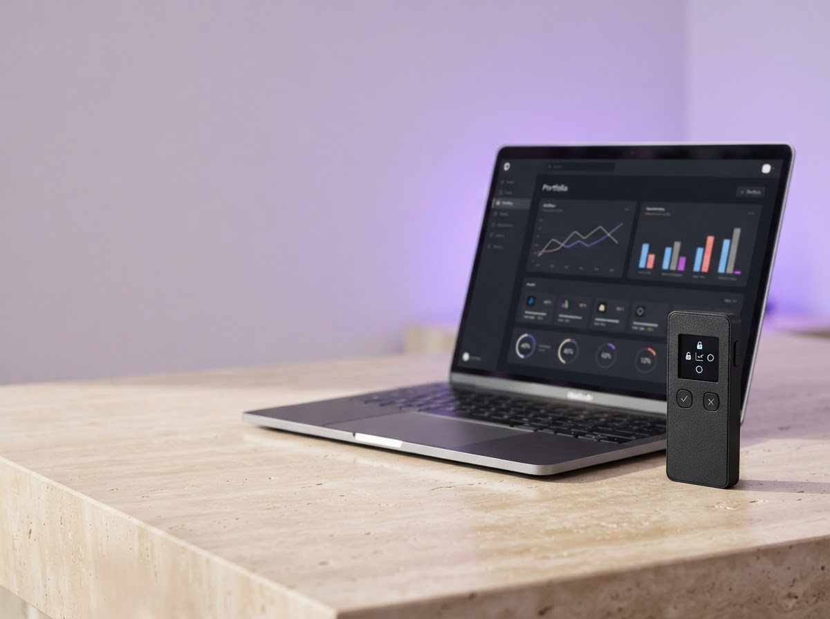 A hardware wallet beside a laptop displaying a clean crypto portfolio interface
