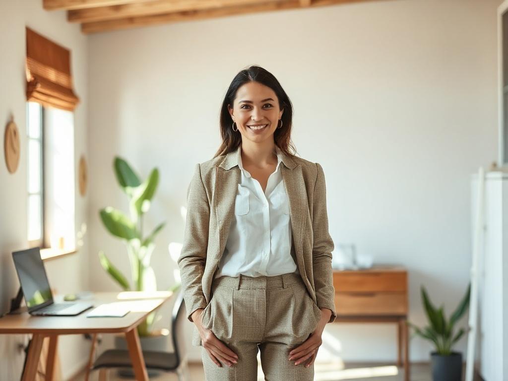 Create a realistic high-resolution photo of a confident woman entrepreneur standing in a bright, inviting workspace. She should be the sole subject in the image, exuding empowerment and professionalism. The woman should have a warm smile and be dressed in a stylish, yet approachable business outfit. 

In the background, include subtle elements of a modern office environment, such as a desk with a laptop, a notepad, and a plant or two to convey a sense of creativity and productivity. Soft, natural lighting s