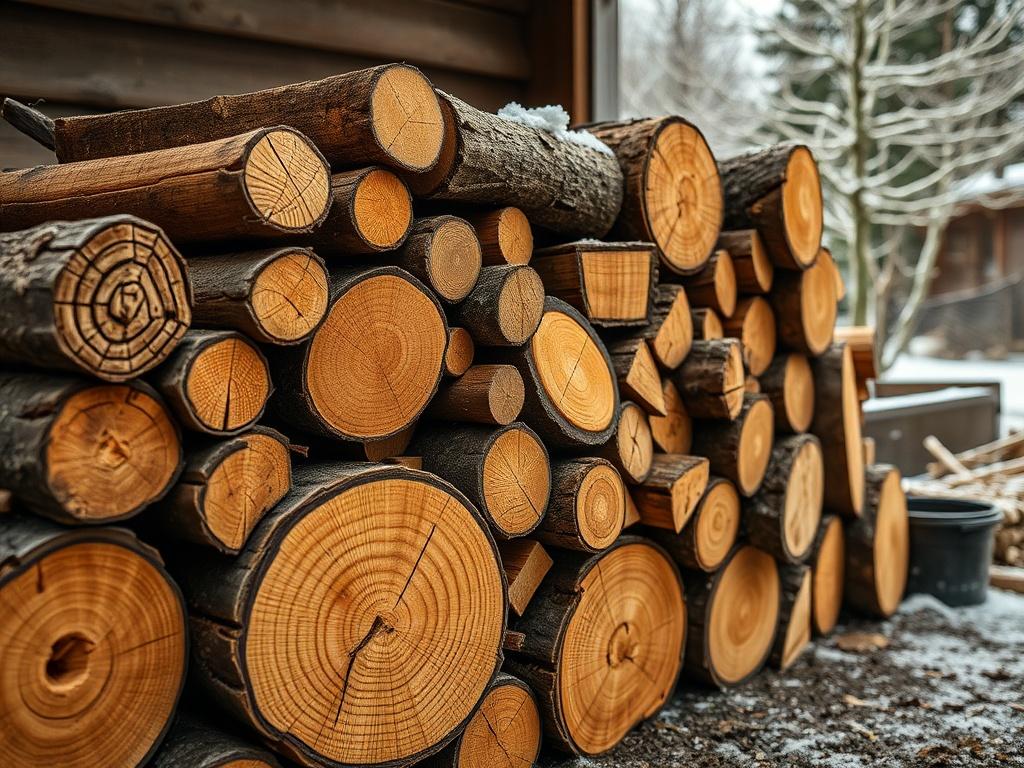 A close-up shot of neatly stacked firewood, showcasing various sizes and textures of logs. The firewood should be arranged in a rustic outdoor setting, with soft natural lighting highlighting the grain of the wood. The background can include hints of a winter landscape, like lightly frosted branches or a hint of snow, evoking a cozy, inviting atmosphere. The overall composition should focus clearly on the firewood, creating a warm and appealing visual.