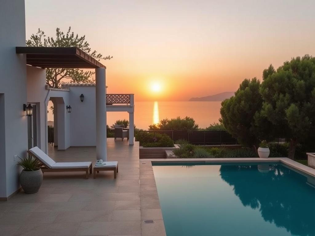 A serene Mediterranean villa with soft tones and gentle lighting, located near a tranquil beach. The image should capture the essence of relaxation, showcasing a spacious terrace with a beautiful sunset view, a private swimming pool, and lush greenery surrounding the villa. The atmosphere should feel peaceful and inviting, embodying the charm of Ibiza's coastal lifestyle.