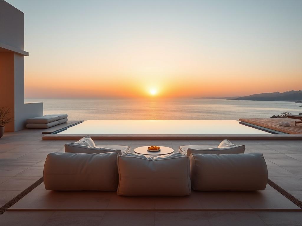 A serene relaxation area by a private pool in a Mediterranean villa, with soft cushions and soothing atmosphere. The background features a sunset over Ibiza, creating a peaceful and inviting scene.