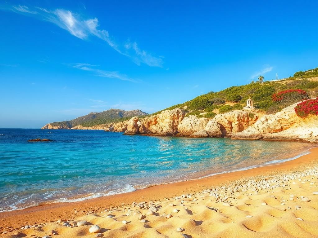 Create a realistic high-resolution photo that embodies the essence of the blog titled "Découverte des criques d'Ibiza." The composition should feature a single serene cove, showcasing its crystal-clear turquoise waters gently lapping against the shore. The foreground should highlight soft, golden sand dotted with smooth pebbles and a few vibrant beach towels for a welcoming touch. 

In the background, include lush green hills, partially covered with vibrant shrubs and trees, leading up to a clear blue sky w