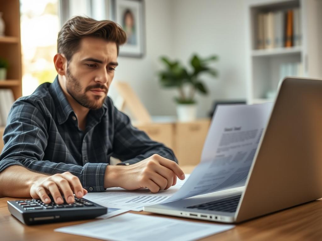 A close-up shot of a person reviewing financial documents at a desk, with a calculator and a laptop open. The background shows a clean, organized workspace with soft natural light. The person's expression is focused and determined, symbolizing the journey of debt consolidation. The color scheme should include elements that match rgb(50, 170, 39), creating a sense of hope and renewal.