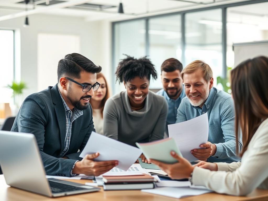 A focused, hyper-realistic close-up of a diverse group of individuals engaged in a collaborative meeting, surrounded by modern financial tools and documents. The setting is bright and inviting, showcasing an environment of empowerment and growth. The individuals are actively discussing strategies, with expressions of determination and trust. The background features a soft blur of a well-organized office space, emphasizing a professional yet approachable atmosphere. The primary color theme is green, creating