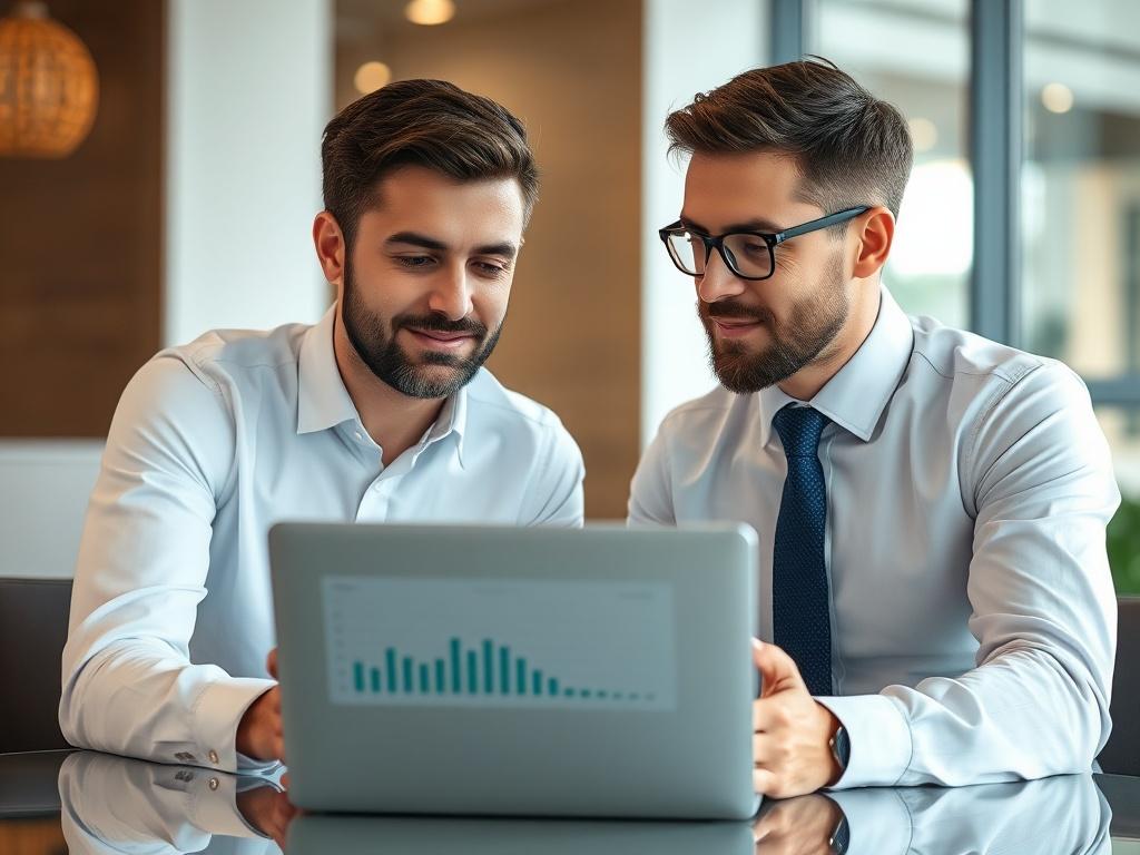 A close-up shot of a confident financial advisor discussing refinancing options with a client in a modern office setting, focusing on a laptop displaying financial data, with a sleek, professional background.