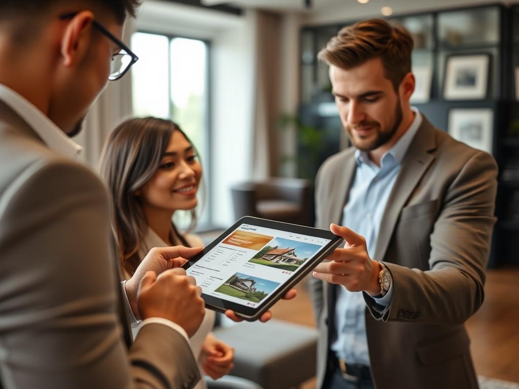 A close-up shot of a real estate consultant showing a property listing on a tablet to a prospective investor in a stylish office environment.