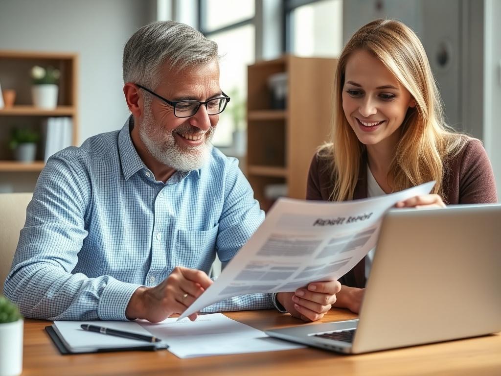A close-up shot of a satisfied client reviewing their improved credit report with a financial advisor in a well-lit office, with documents and a laptop on the table.
