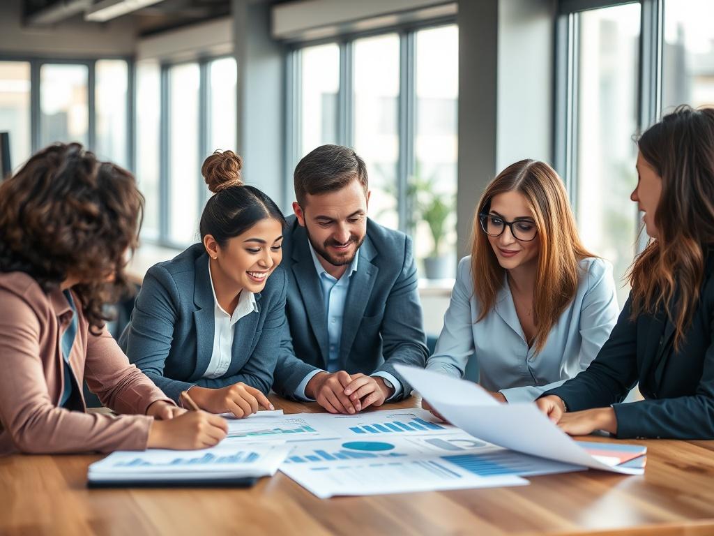 A high-resolution image of a diverse group of professionals collaborating over investment plans. The scene should depict them engaged in a discussion, with charts and project files on the table. The background should be a modern office setting with natural light, emphasizing a sense of partnership and teamwork. The focus should be on the group dynamics and the investment materials, captured with a 45mm f/1.2 lens to create a shallow depth of field, highlighting the details of their interaction.