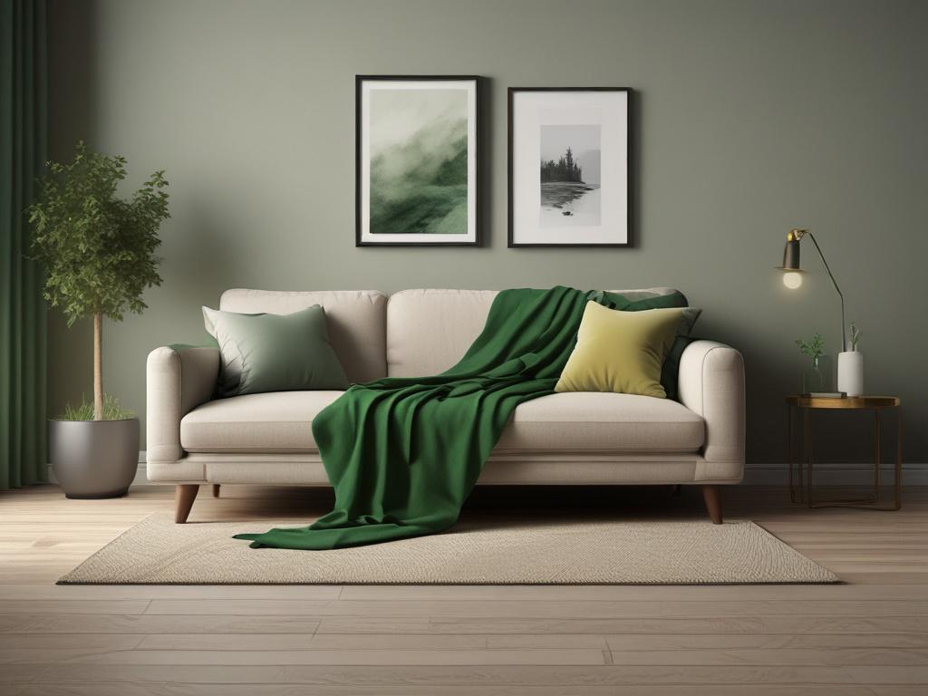 A beautifully arranged living room featuring a plush sofa adorned with soft, colorful blankets and a luxurious comforter draped elegantly. The background includes a warm, inviting interior with soft lighting illuminating the cozy space. A potted plant adds a touch of nature, reflecting a clean and green aesthetic. The color palette should incorporate shades of green and neutral tones, creating a tranquil ambiance that embodies comfort and style.
