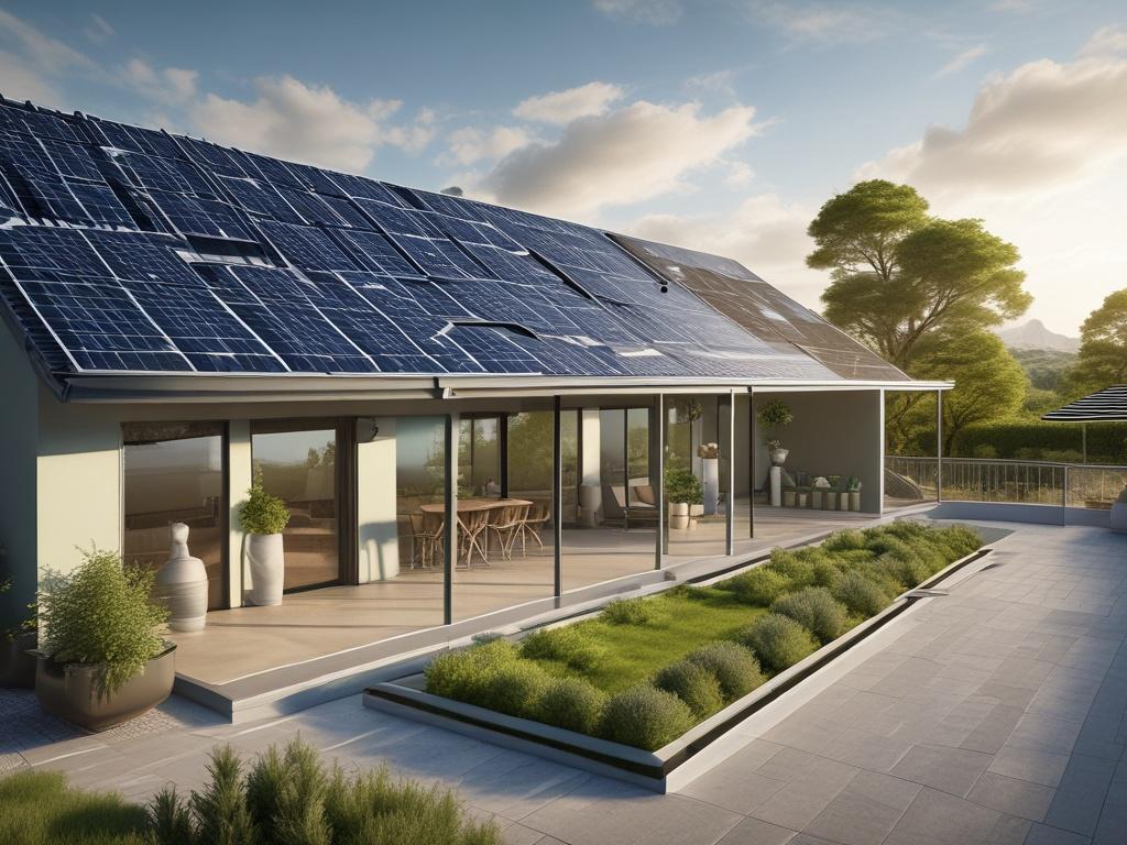A modern, high-efficiency solar panel installation on a sunny rooftop, showcasing sleek solar panels with a vibrant green landscape in the background. The scene should convey a sense of innovation and sustainability, with soft lighting highlighting the solar panels' reflective surfaces. The composition should be simple and clear, focusing solely on the solar panels against a bright blue sky.
