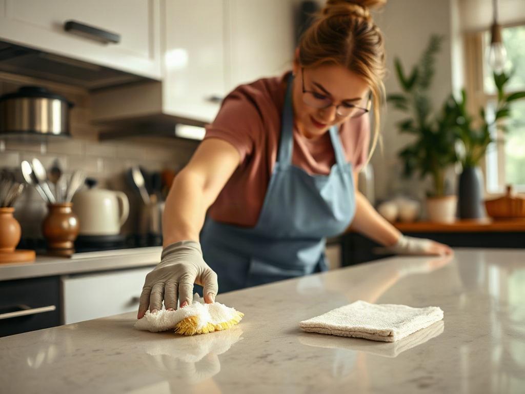 A close-up shot of a cleaning professional diligently scrubbing a kitchen countertop, highlighting the gleam of the clean surface and the focus on meticulous detail. The background features a well-organized kitchen with elegant utensils and decor, creating an inviting atmosphere. The image captures the essence of thorough cleaning with a realistic, hyper-detailed style, shot with a 45mm f/1.2 lens.
