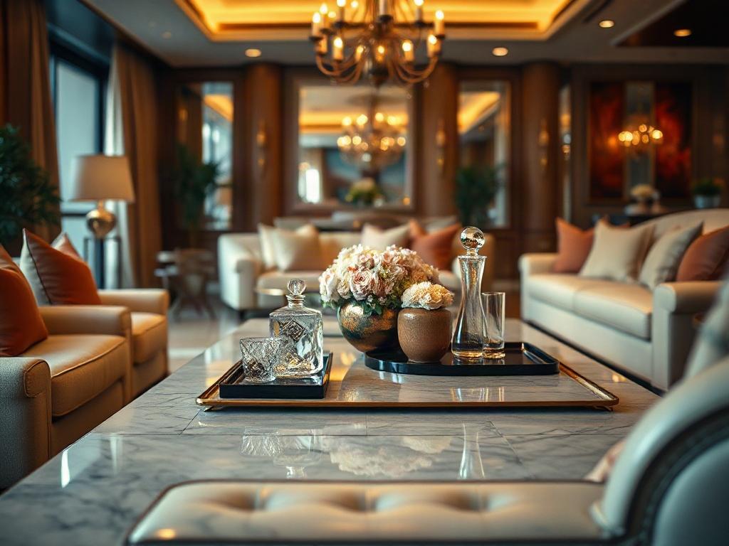 A close-up shot of a luxurious living room, showcasing pristine upholstery, gleaming surfaces, and meticulously arranged decor. The focus is on a beautifully styled coffee table with elegant accessories, reflecting an upscale ambiance. The lighting is warm, highlighting the textures and inviting an air of sophistication. Captured with a 45mm f/1.2 lens for depth of field, ensuring a hyper-realistic and detailed representation.