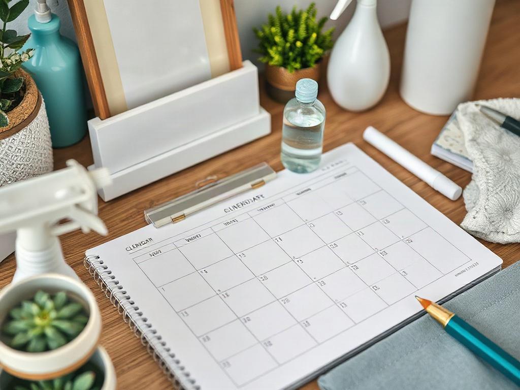 A close-up shot of a well-organized planner or calendar with cleaning schedules laid out, surrounded by cleaning supplies and decor items. The image should convey a sense of personalization and attention to detail in home care. Captured with a 45mm f/1.2 lens for a hyper-realistic effect, focusing on the organized and elegant aesthetic.