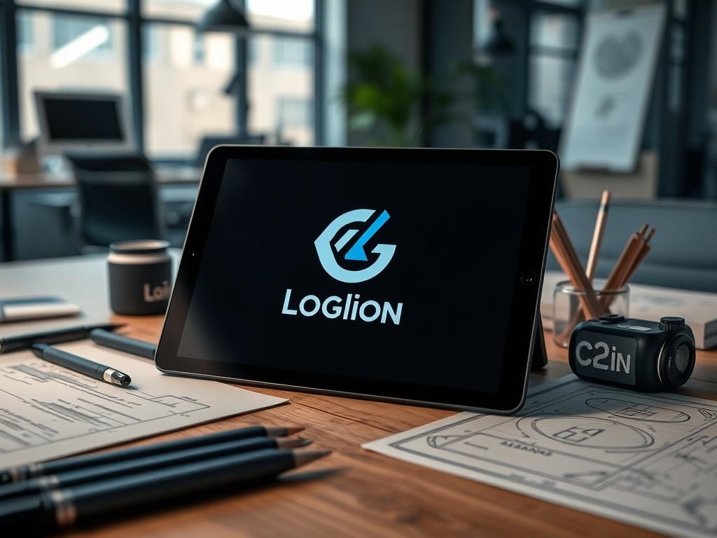 A close-up shot of a designer's workspace featuring a modern logo design on a digital tablet, surrounded by sketch papers and design tools. The background is a soft, blurred office environment with a subtle blueprint texture overlay. The color scheme includes deep navy and white accents.