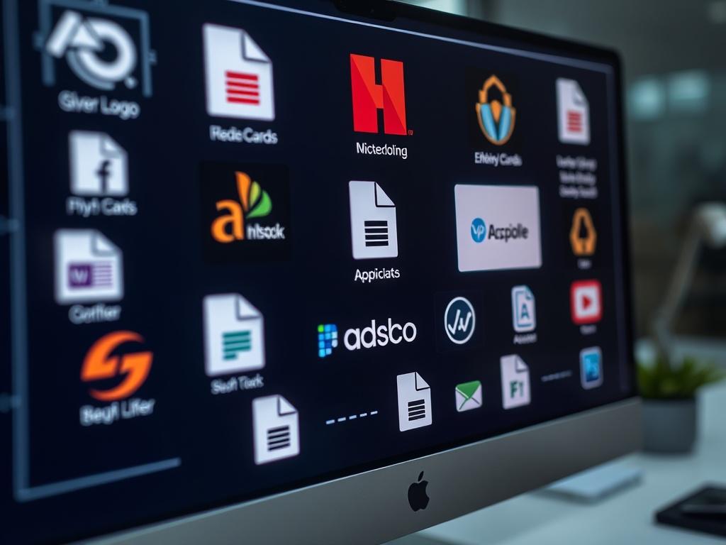 A close-up shot of various logo formats and file types displayed on a computer screen, showcasing different applications such as business cards, websites, and promotional materials. The setting is modern and sleek, with a hint of a blueprint design in the background.