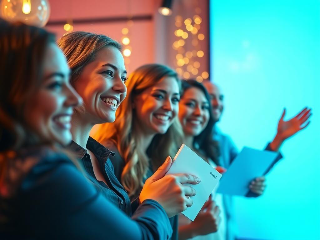 An image capturing the moment of a brand launch celebration, featuring a team of professionals smiling and showcasing their new branding materials. The setting should be vibrant and celebratory, highlighting excitement and achievement.
