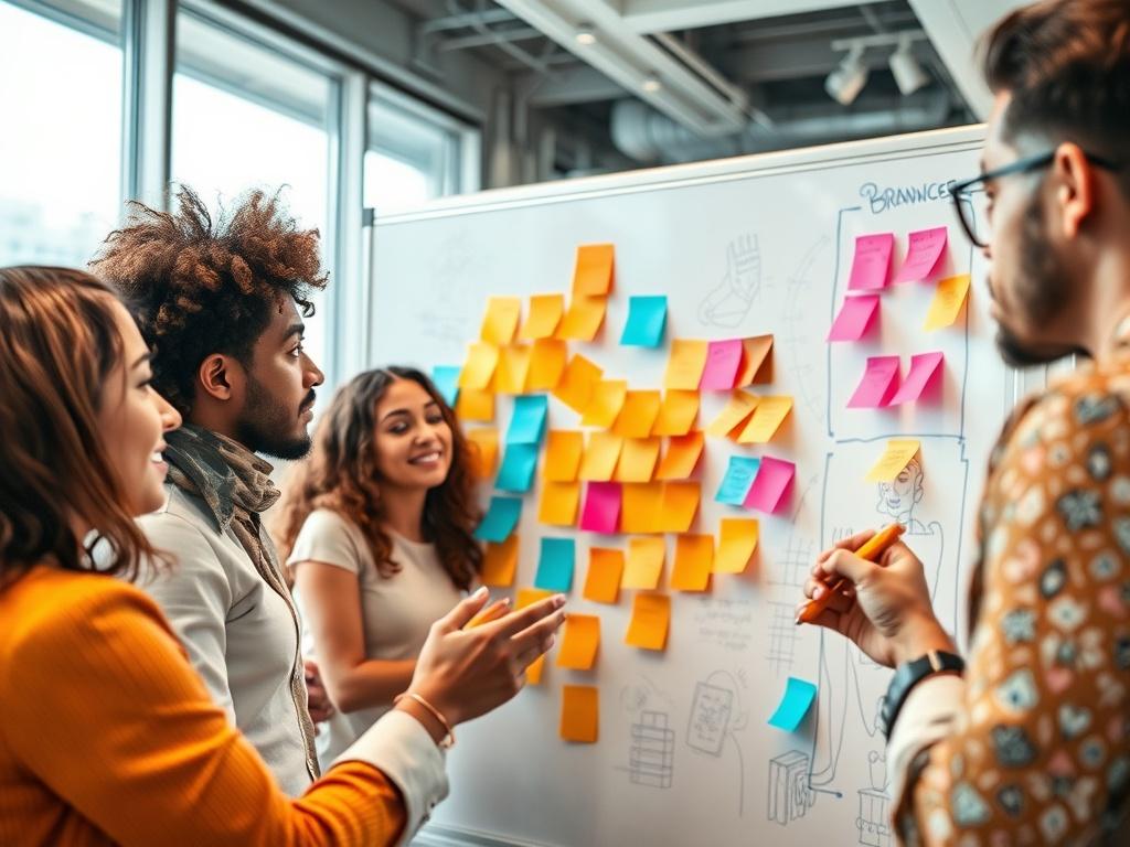 An image of a brainstorming session with sticky notes and sketches on a whiteboard, showcasing a diverse team collaborating on branding ideas. The setting should be bright and modern, reflecting creativity and teamwork.