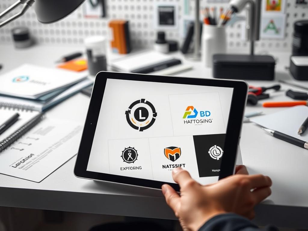 A close-up photo of design mockups displayed on a tablet, showing logo variations and branding elements. The background should feature a clean workspace with design tools and materials, highlighting a professional environment.