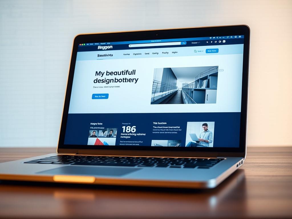 A hyper-realistic close-up shot of a sleek laptop displaying a beautifully designed website layout, showcasing modern design elements. The background features a subtle blueprint grid pattern in light blue, emphasizing the technical aspect of design. The lighting is warm and inviting, creating an atmosphere of creativity and professionalism.