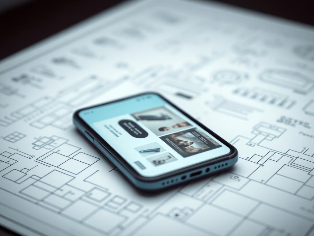 A detailed close-up photograph of a smartphone displaying a responsive website design, showcasing its adaptability. The background includes soft, light blueprint lines, reflecting a high-tech and design-focused environment.
