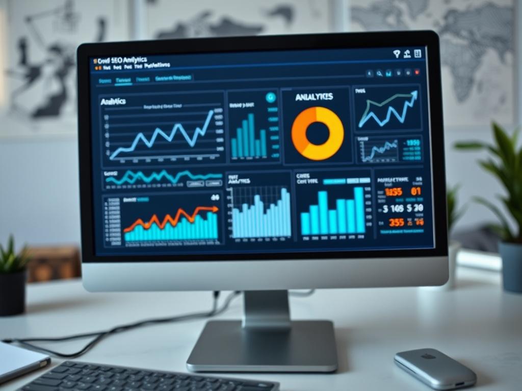 An engaging close-up of a computer screen filled with analytics and SEO performance metrics, showcasing graphs and data charts. The background features a clean, modern workspace with subtle hints of a blueprint design, symbolizing the technical prowess behind SEO optimization.