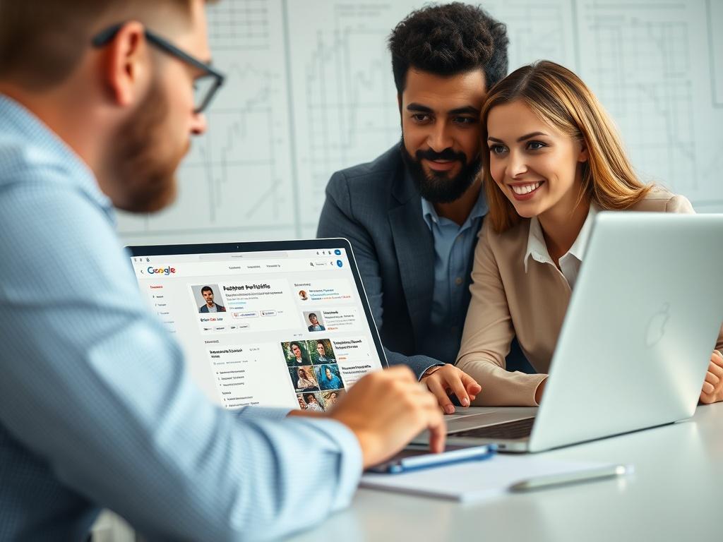 Close-up shot of a professional team reviewing a Google Business Profile on a laptop, with a focus on the screen displaying analytics and profile details. The setting is a modern office with subtle blueprint grid texture in the background, conveying a clean and technical atmosphere.