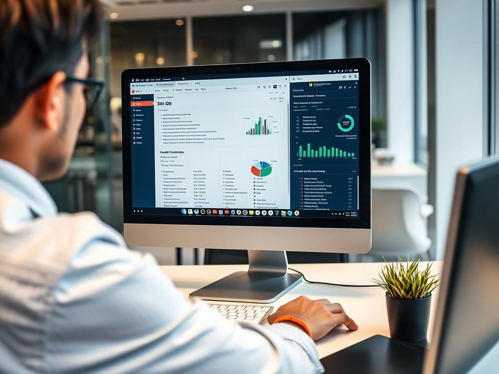 A professional analyzing a website's on-page SEO elements on a desktop computer, with a close-up of the screen showing keyword analysis and content optimization tools. The background features a modern office with a clean, premium feel.