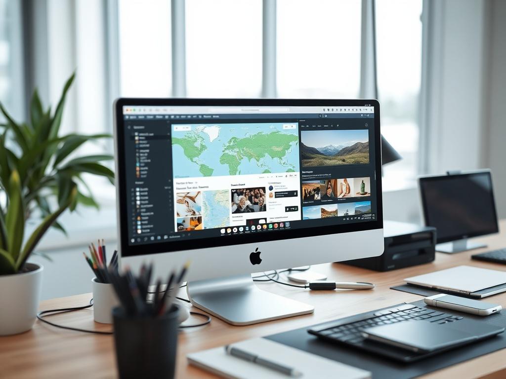A close-up shot of a computer screen displaying a local page design process, with maps, text, and images being integrated. The setting conveys a modern, technical workspace with clean lines and a professional atmosphere.