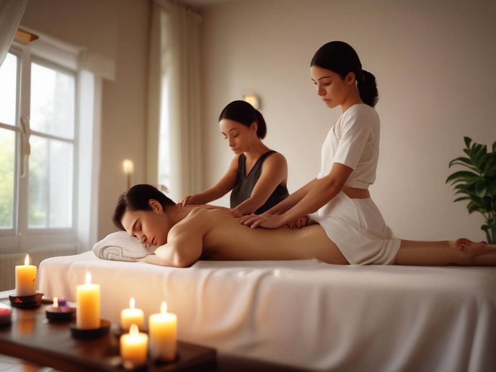 A serene, softly lit room with candles and calming decor