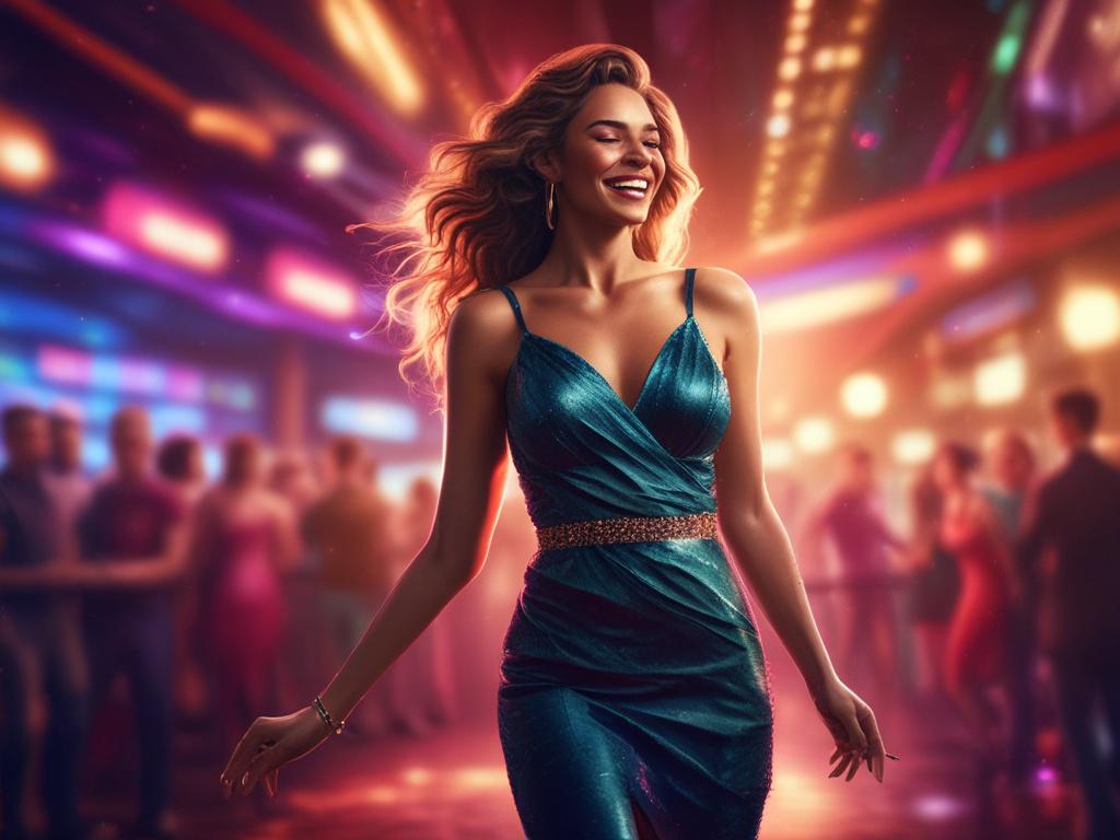 A glamorous woman in an elegant evening gown at a
