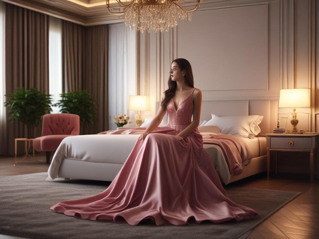 A stunning young woman in an elegant evening dress sitting