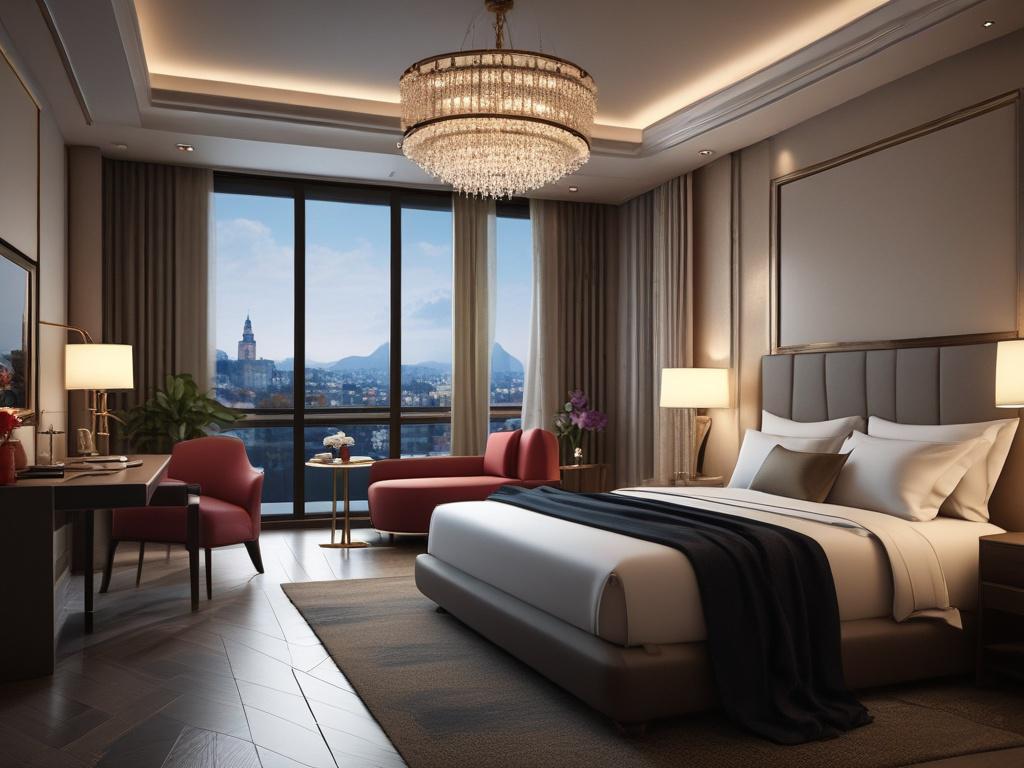 A luxurious hotel room with soft lighting, featuring a beautiful