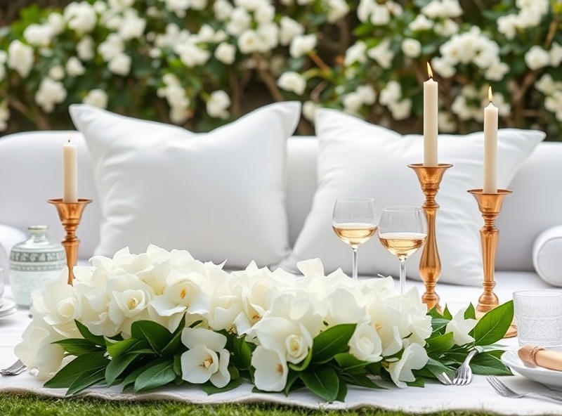 White Gardenia picnic style with elegant white and gold