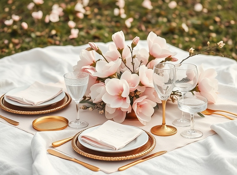 Magnolia Blush picnic style with soft pink and gold tones