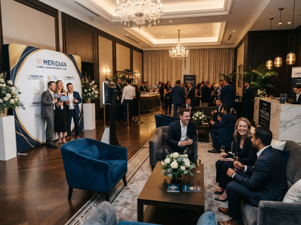 Elegant corporate event setup with photo booth and luxury seating