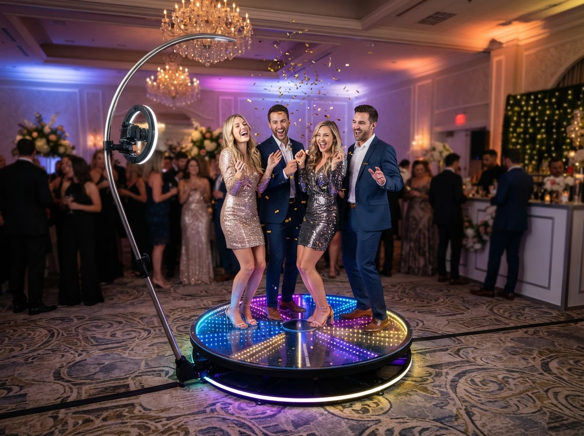 Premium 360° photo booth Elite Package with guests at an event