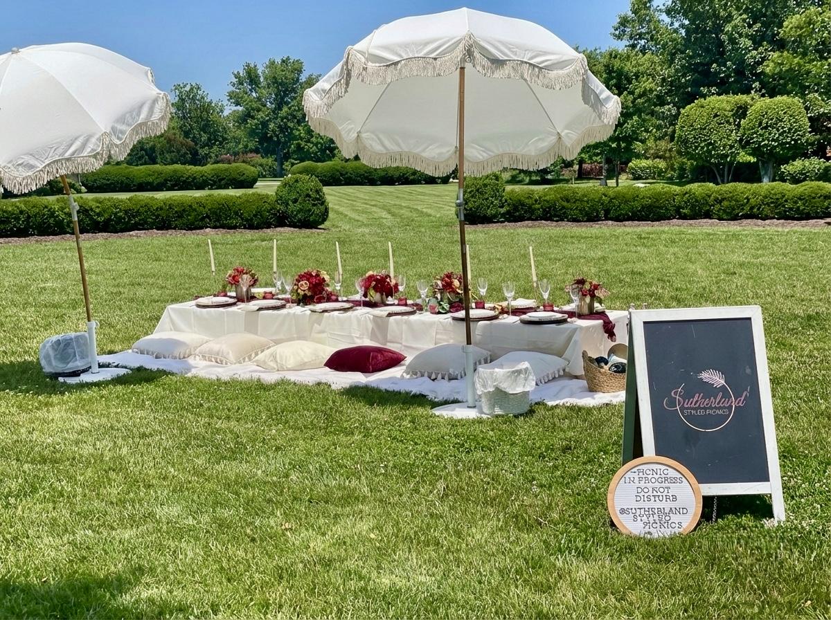 Crimson Dahlia picnic style with romantic burgundy and gold