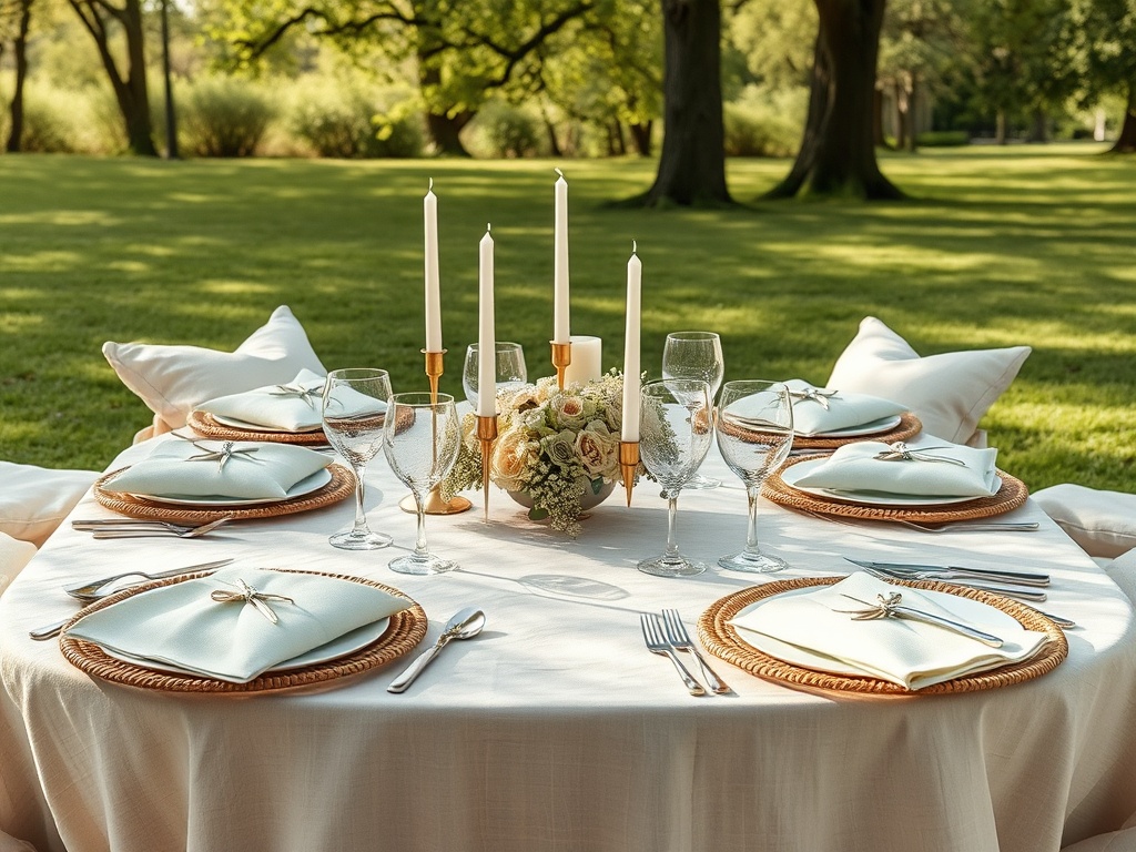 Sea Salt and Linen picnic style with cream and ocean blue pillows and linens in park setting with six placemats