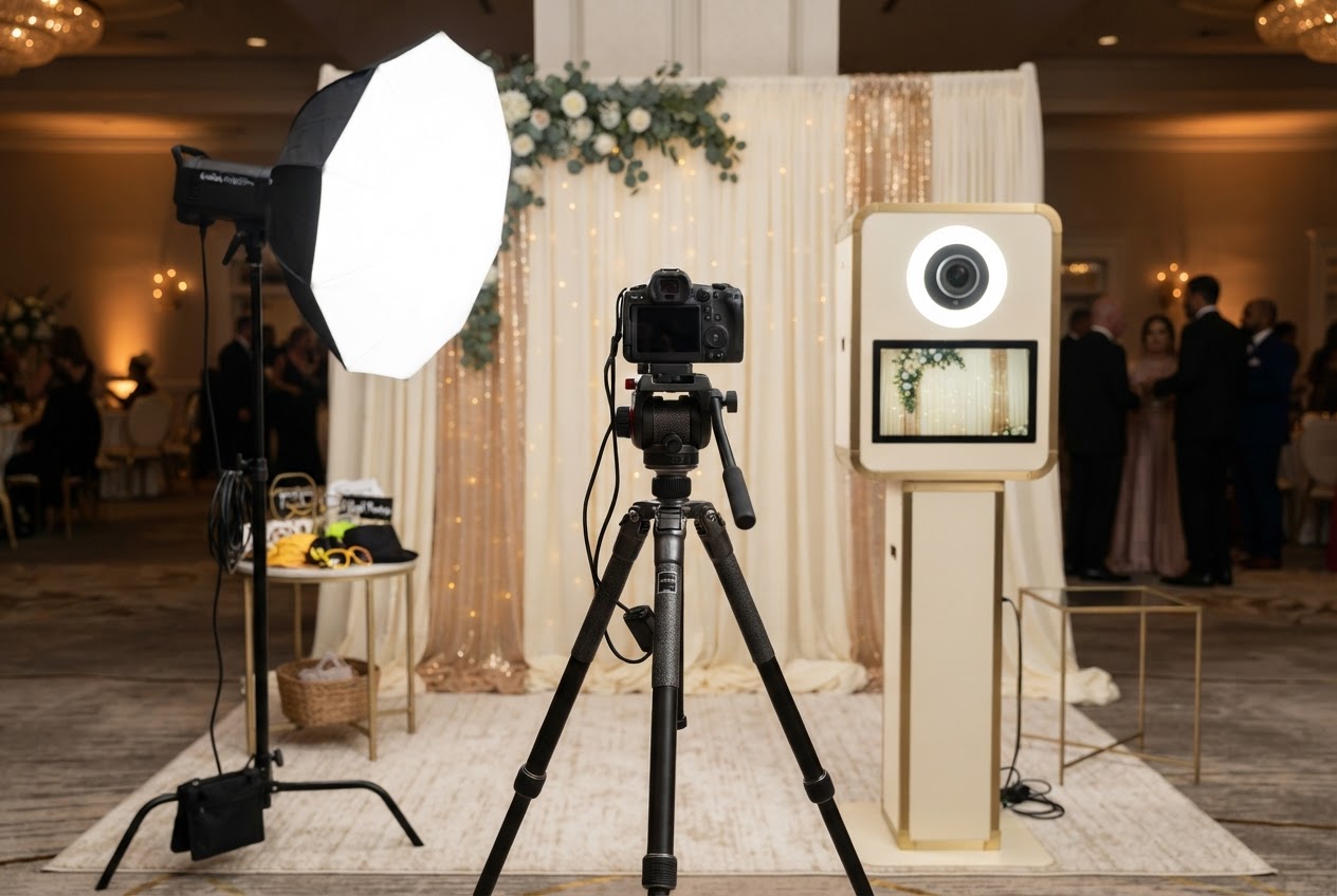 Professional DSLR camera, tripod, and studio strobe lighting setup